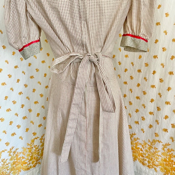 Handmade Prairie Dress Cottagecore Small Red Green Lace Puff Sleeve Vintage - Picture 4 of 7